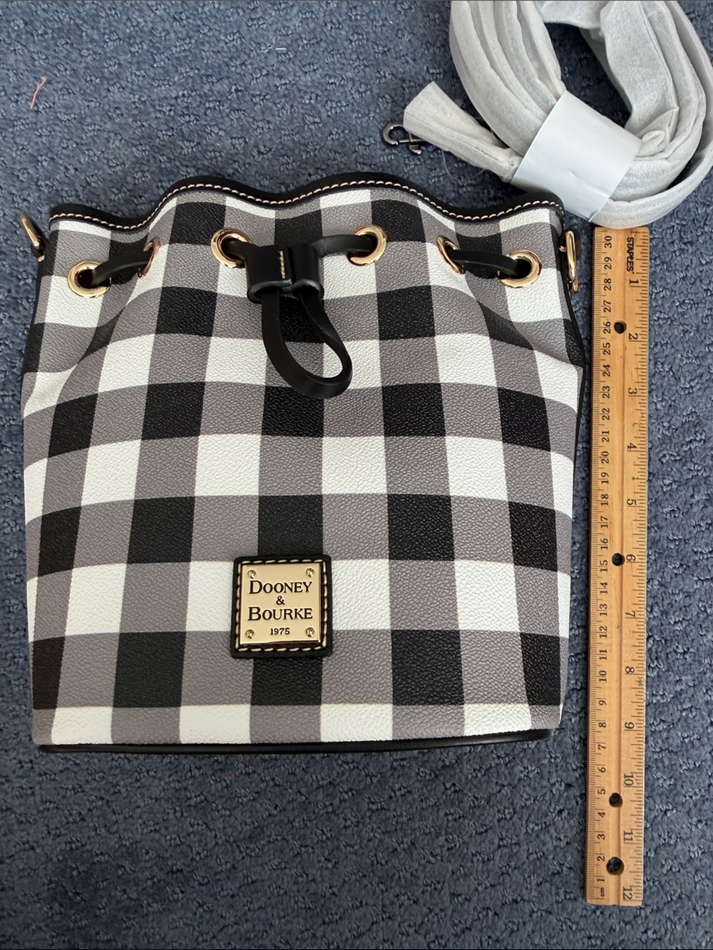 Dooney & Bourke Black and White Gingham Drawstring Bucket Bag